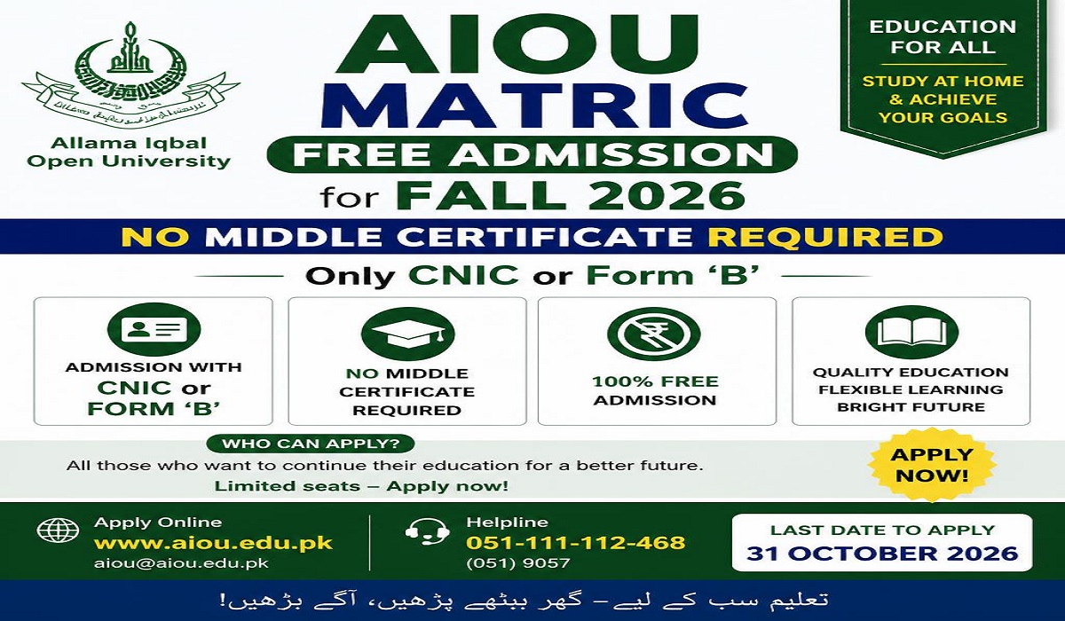 AIOU Matric Free Admission for Fall 2026 – No Middle Certificate Required, Only CNIC or Form ‘B’